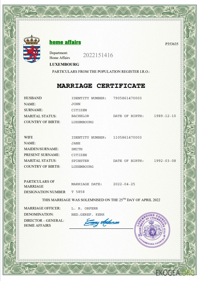 Modèle Word et PDF d'acte de mariage luxembourgeois